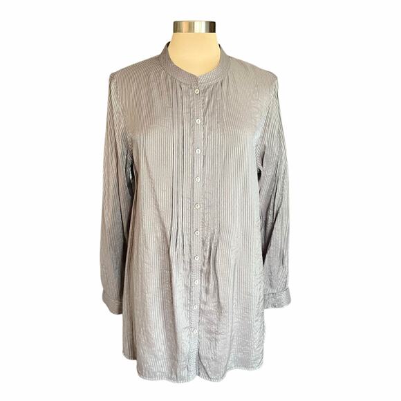 Jones New York Gray Button Up Tunic Shirt LARGE Pleated Details Shimmer Stripes - Picture 1 of 8